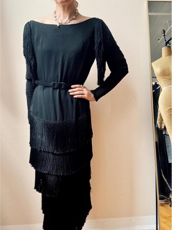 no label Dresses & Skirts - Vintage 1940s Black Belted Fringe Cocktail Dress